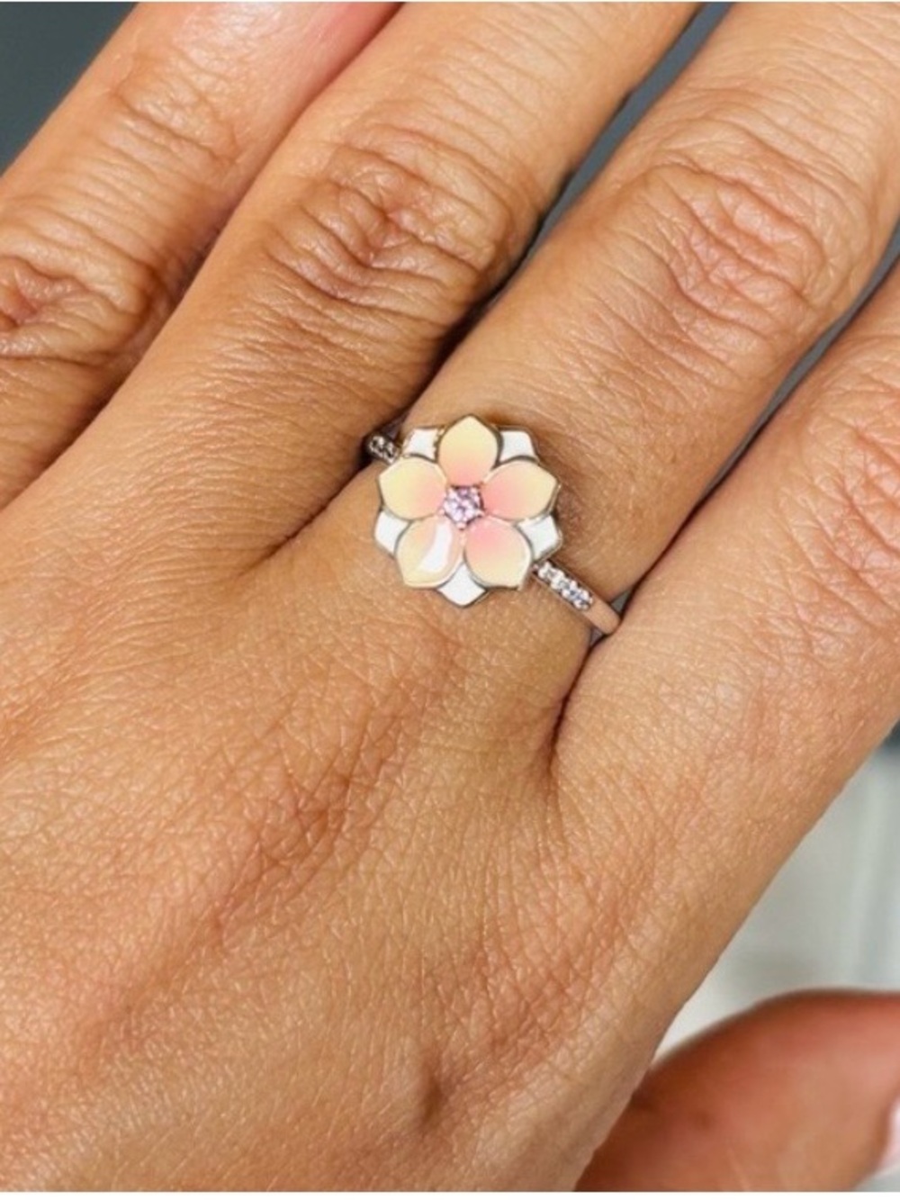 Pandora Pink Floral Enamel Ring with Sparkling Center